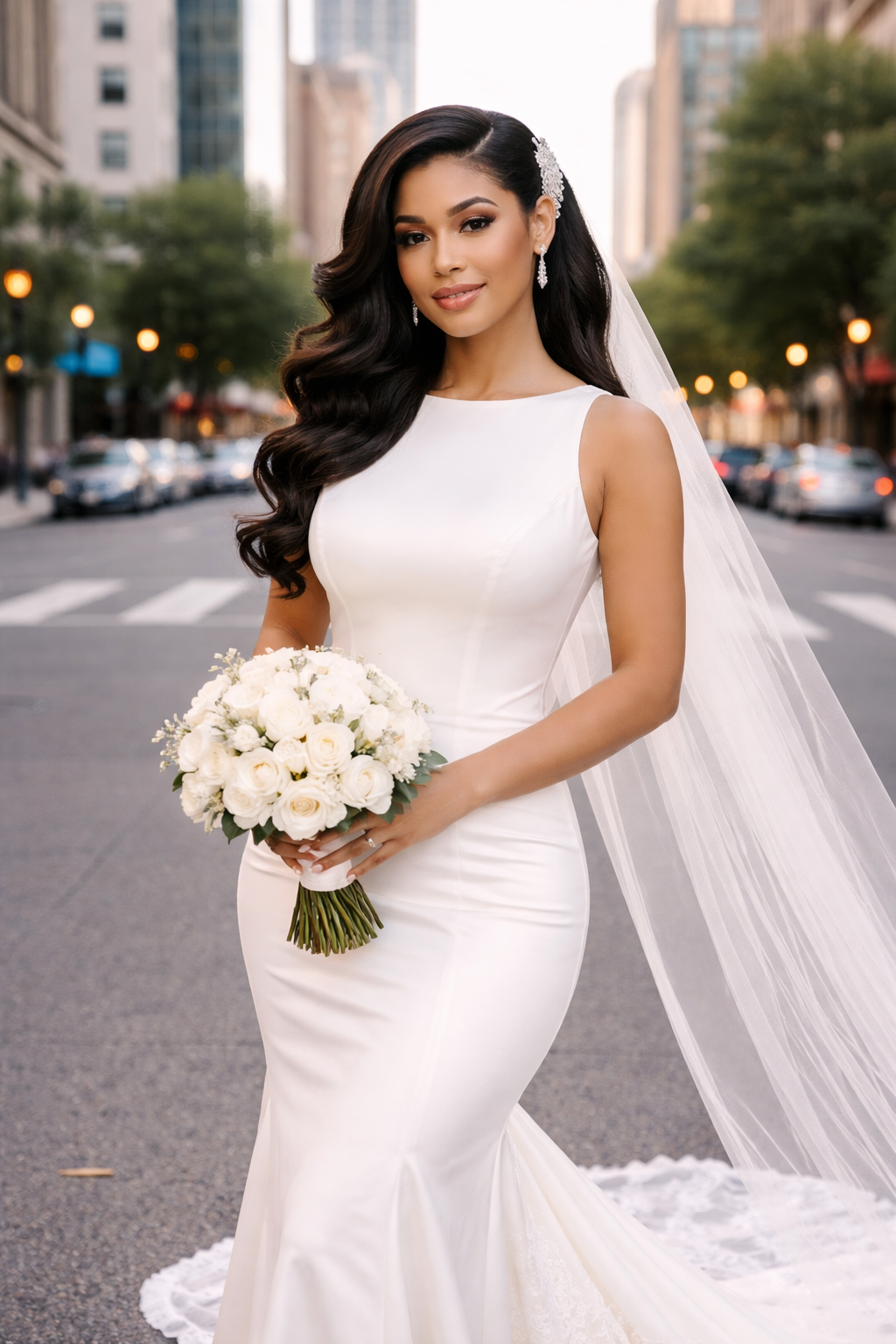 Elegant bride with visible face and polished bridal glam in a luxury wedding setting