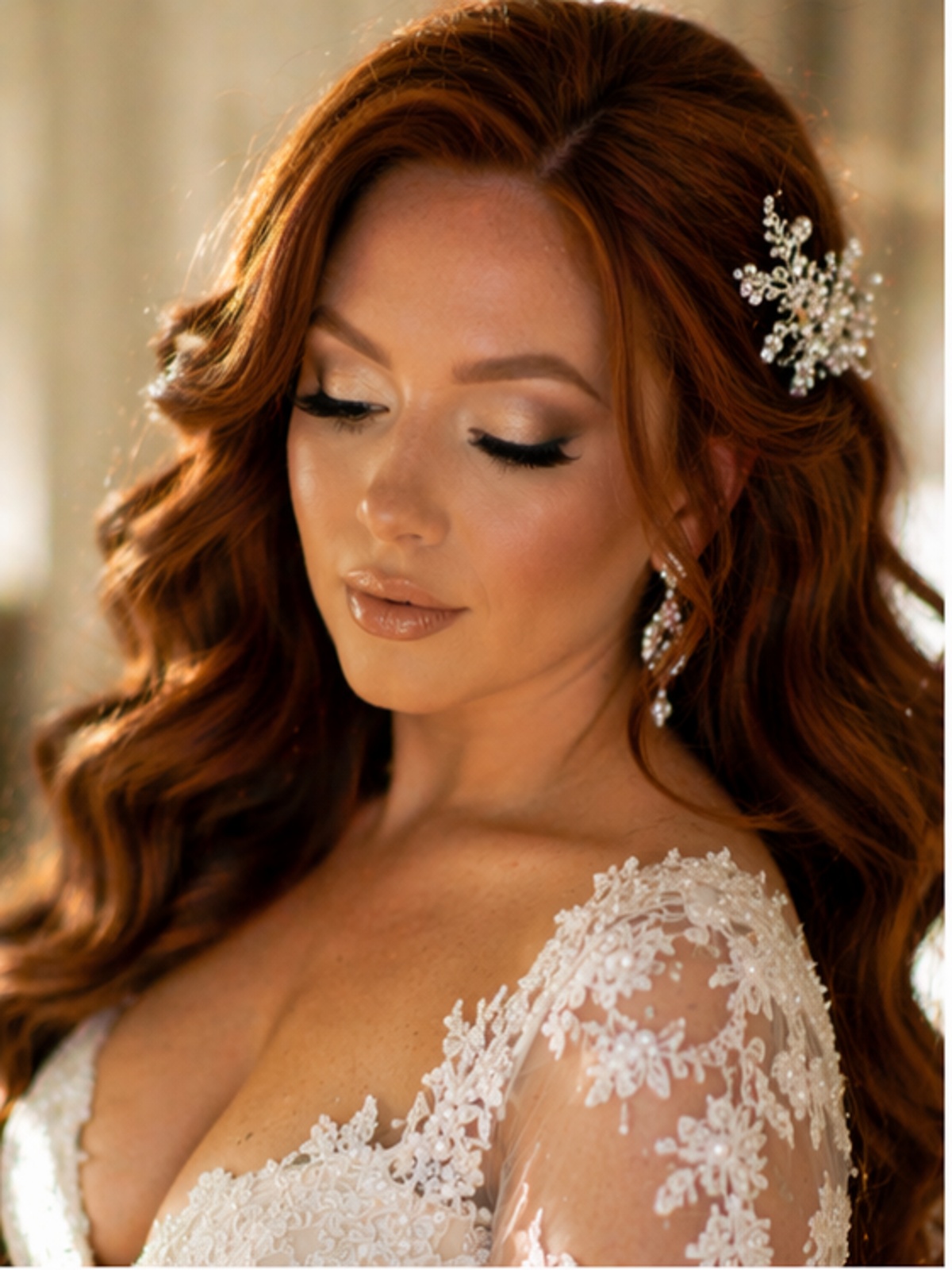 Redhead lace bride bridal hair and makeup inspiration