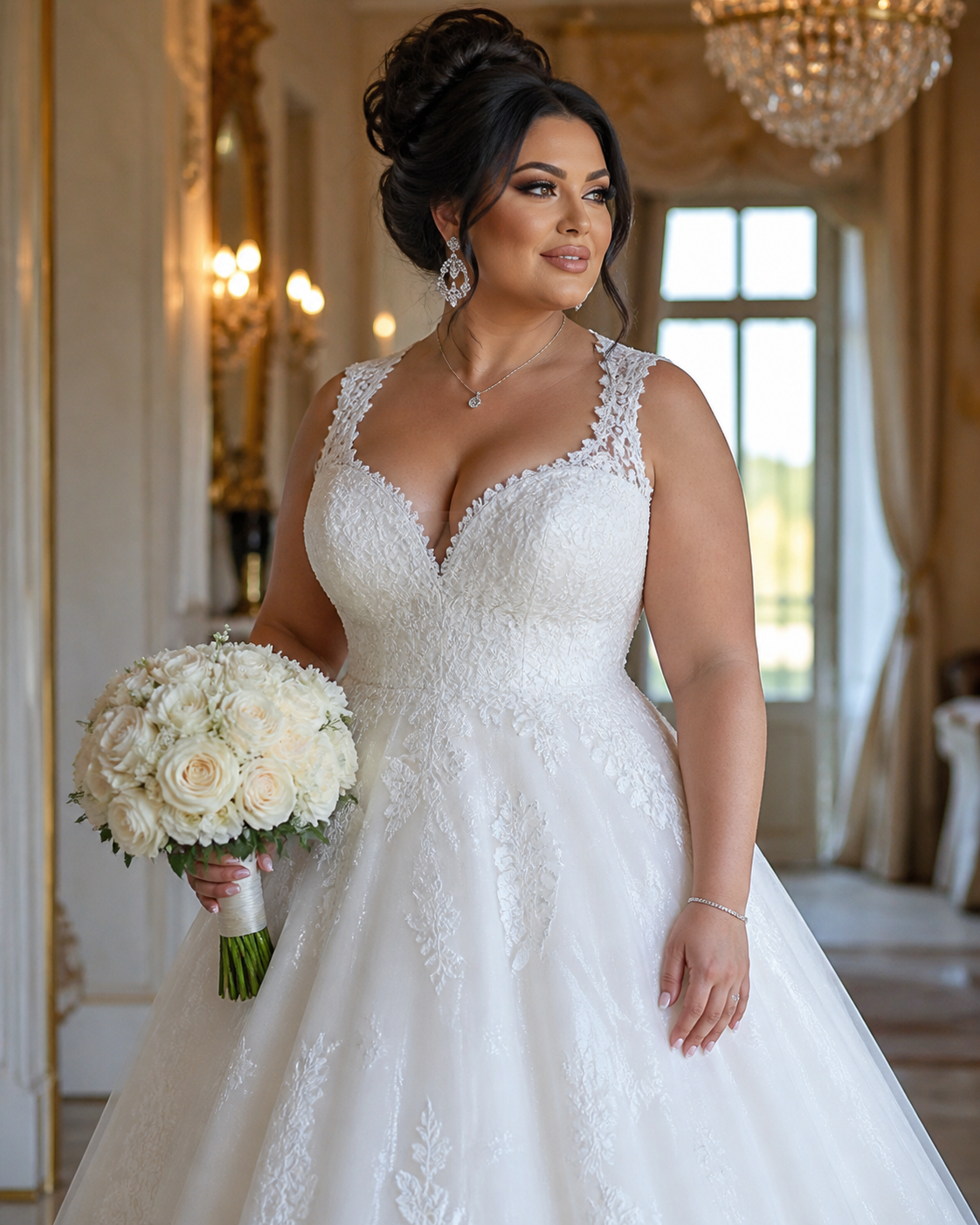 Luxury Orlando bridal hair and makeup with soft glam styling on a beautiful curvy bride in an elegant white wedding gown