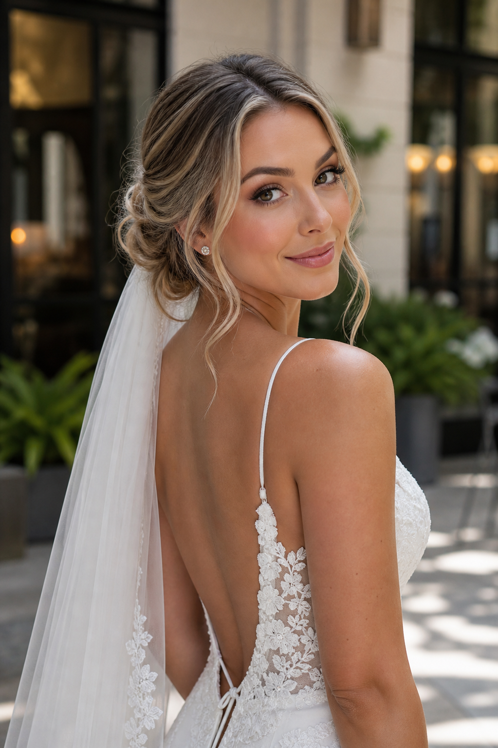 Luxury Orlando bride with soft glam makeup and elegant bridal updo for a Disney-area wedding