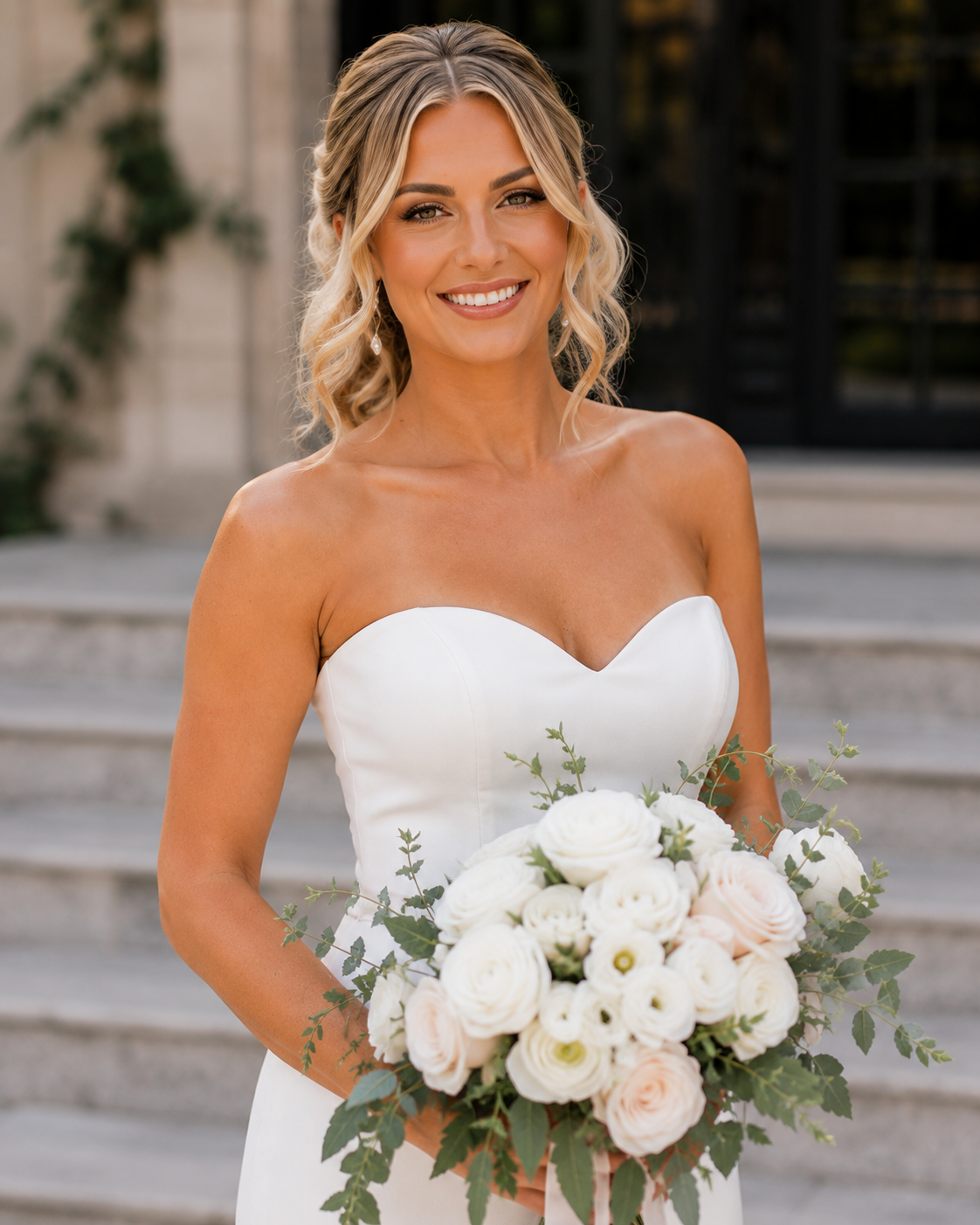 Tulsa blonde bride romantic updo natural makeup
